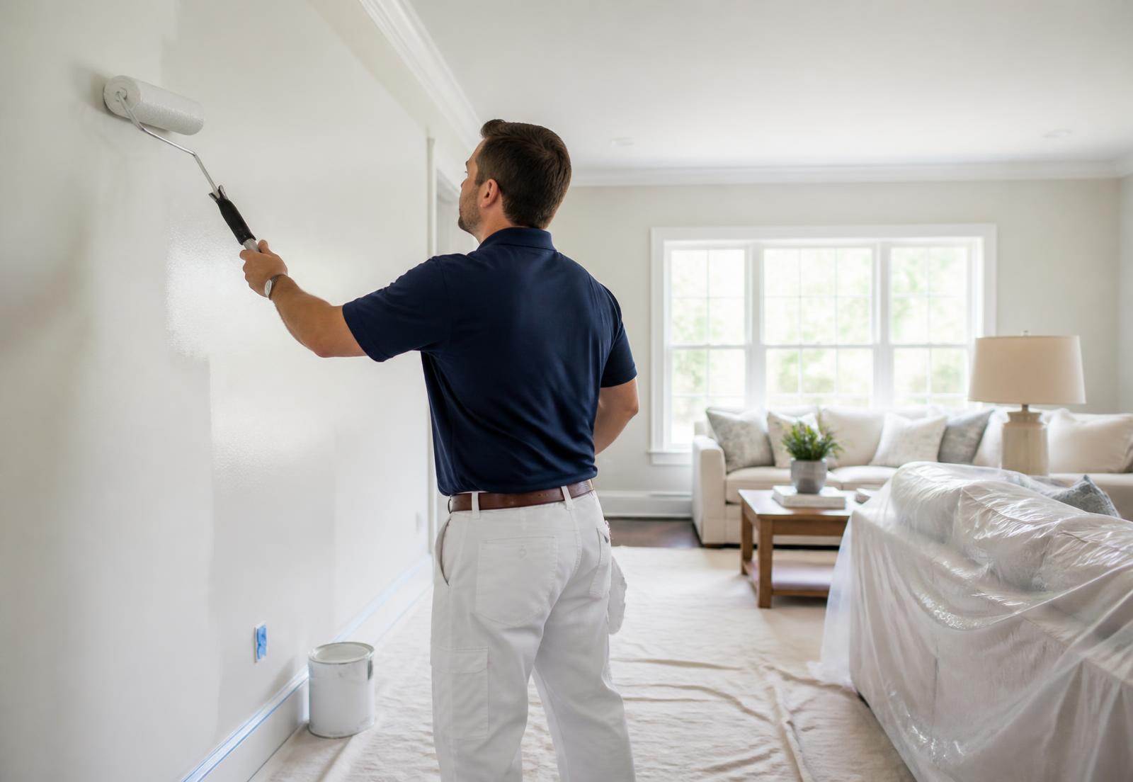 TruPro painter rolling fresh paint on a bright living room wall